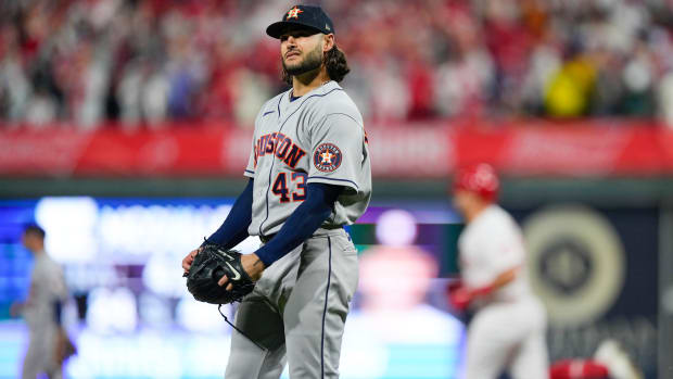Astros pitcher Lance McCullers reacts to giving up a home run to the Phillies.